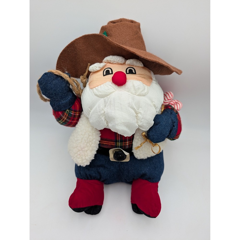 Cowboy Santa Plush Red Blue Western Christmas Decor 15in International Silver Co